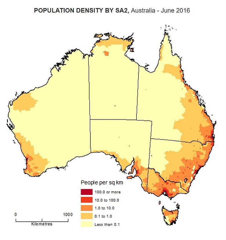 Gęstość zaludnienia Australii. Zamieszkała część Australii