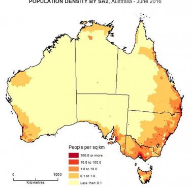 Gęstość zaludnienia Australii. Zamieszkała część Australii