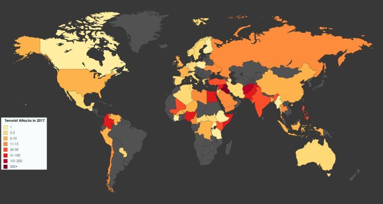Liczba ataków terrorystycznych w poszczególnych państwach świata w 2017 roku