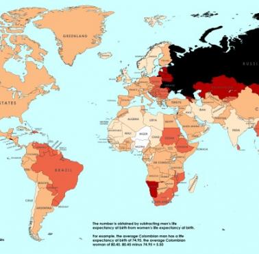Różnice w długości życia kobiet i mężczyzn w poszczególnych państwach świata, 2024
