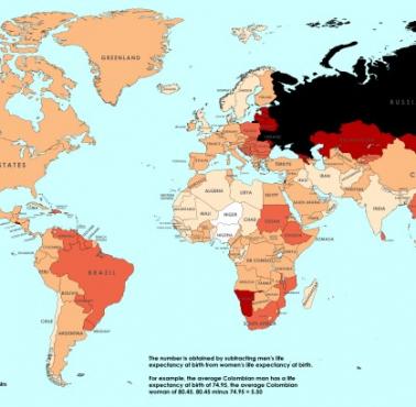 Różnice w długości życia kobiet i mężczyzn w poszczególnych państwach świata