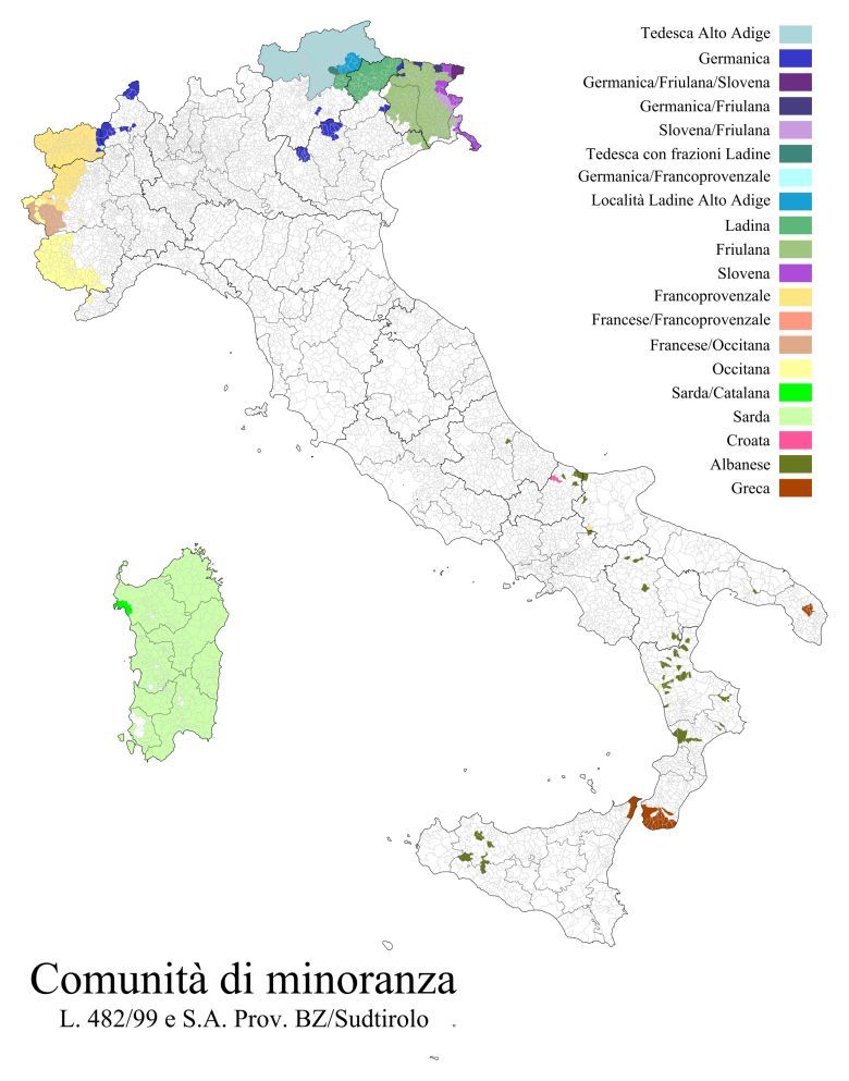 Mapa językowa Włoch (oprócz włoskiego)