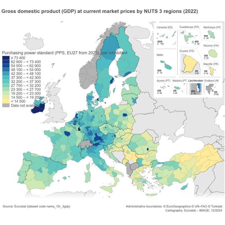 Standard siły nabywczej na mieszkańca według regionów NUTS 3 w Europie, 2022