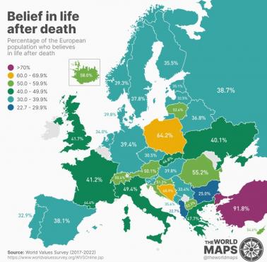 Odsetek ludności Europy, która wierzy w życie po śmierci, 2017-2022