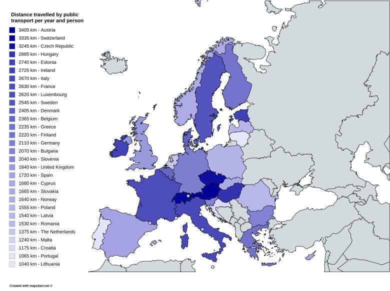 Liczba km na osobę rocznie przypadająca na transport publiczny w poszczególnych krajach Europy