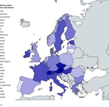 Liczba km na osobę rocznie przypadająca na transport publiczny w poszczególnych krajach Europy