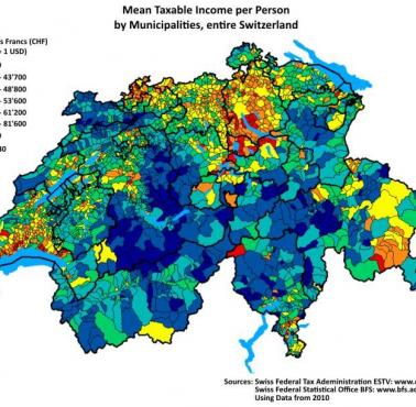 Średni dochód przypadający na mieszkańca według powiatów w Szwajcarii