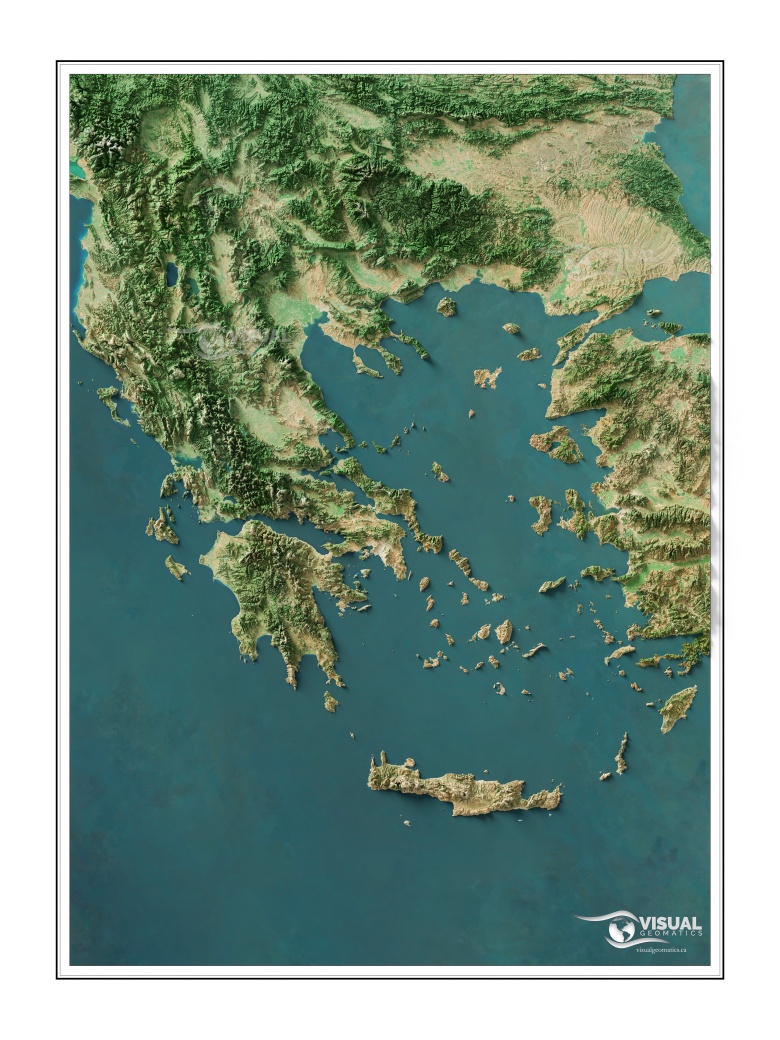 Reliefowa mapa Grecji i Morza Egejskiego wyrenderowana z danych 3d i zdjęć satelitarnych