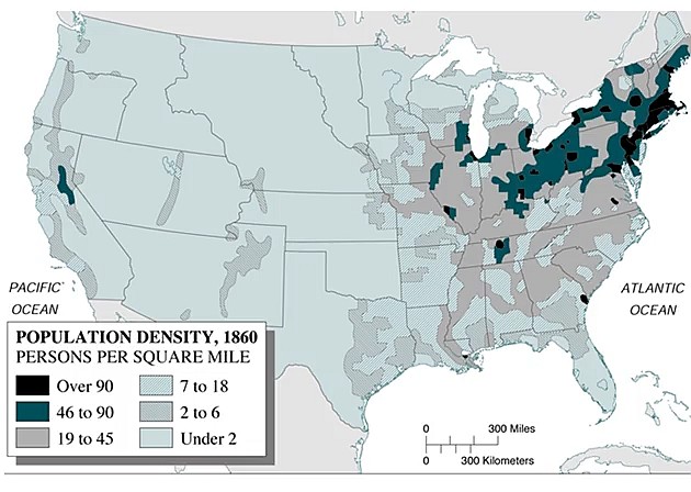 Mapa gęstości zaludnienia Stanów Zjednoczonych na początku wojny domowej (spis ludności z 1860 r.)