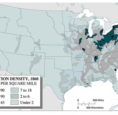 Mapa gęstości zaludnienia Stanów Zjednoczonych na początku wojny domowej (spis ludności z 1860 r.)