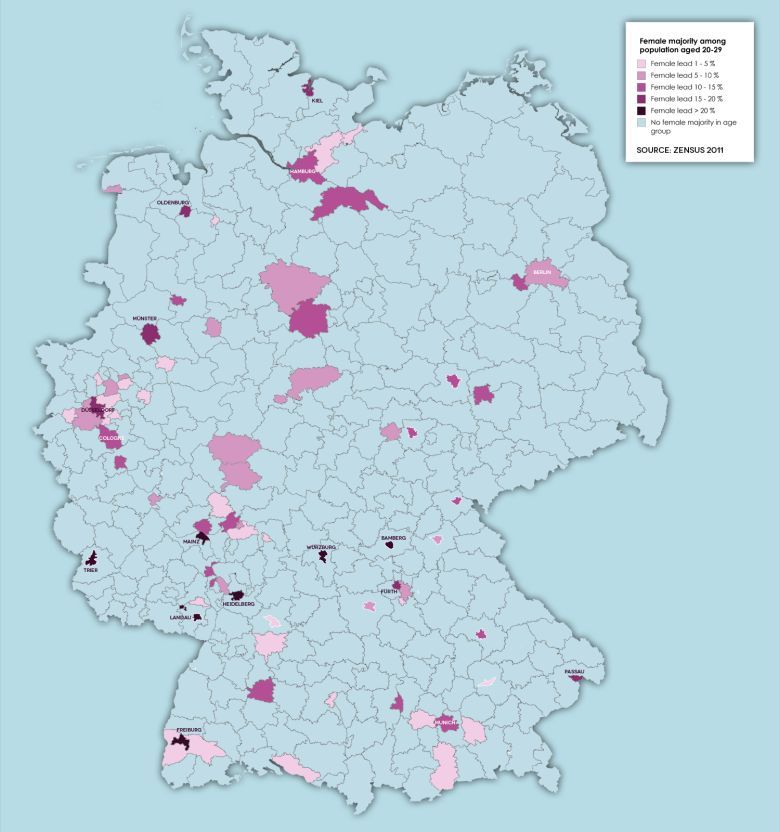 Miasta i regiony niemieckie z przewagą kobiet wśród ludności w wieku 20-29 lat