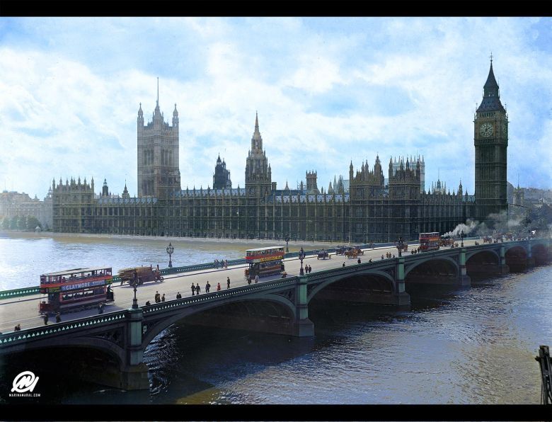Most Westminster Bridge z tramwajami, Londyn, 1918-1919