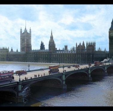 Most Westminster Bridge z tramwajami, Londyn, 1918-1919