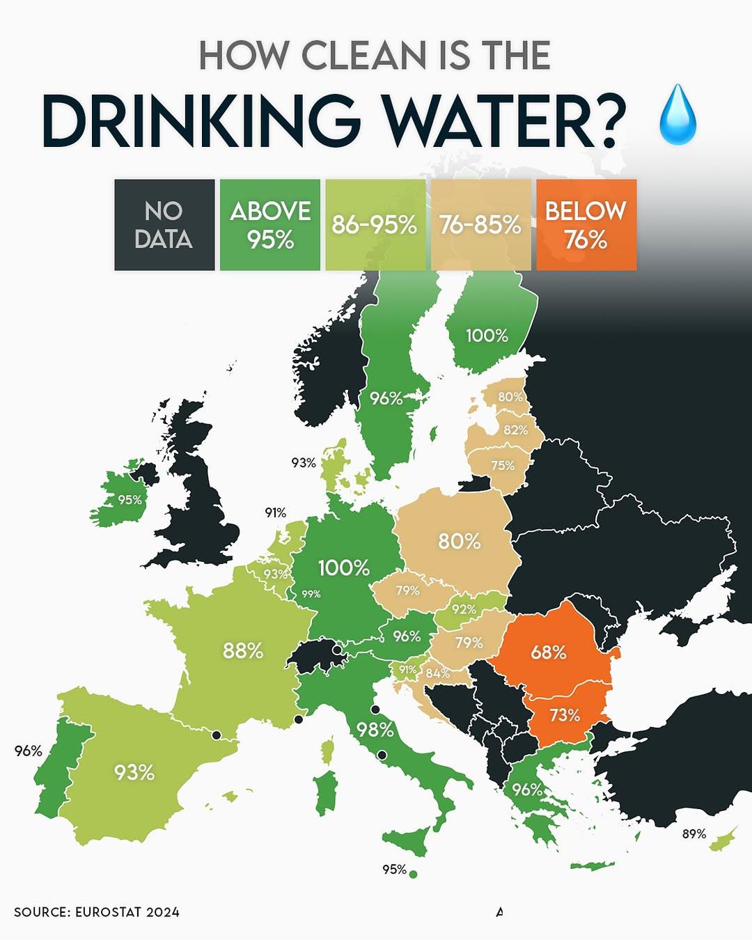 Kraje w Europie, w których woda z kranu jest zdatna do picia, Eurostat, 2024