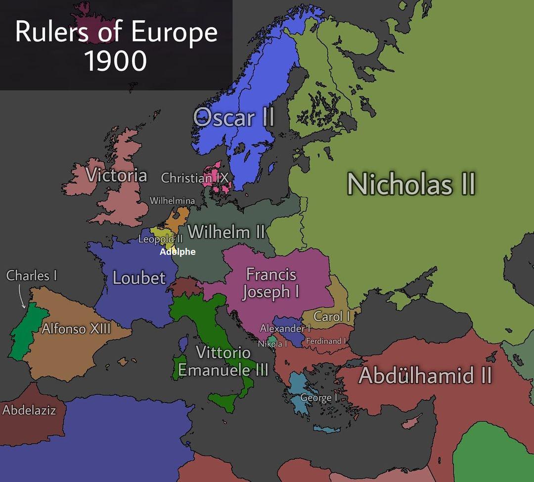 Mapa Europy w 1900 roku z podziałem na domy panujące