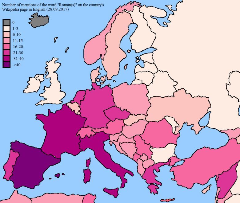 Kraje Europy według liczby wzmianek o Rzymie na ich stronach Wikipedii, dane 2017.09