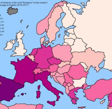 Kraje Europy według liczby wzmianek o Rzymie na ich stronach Wikipedii, dane 2017.09