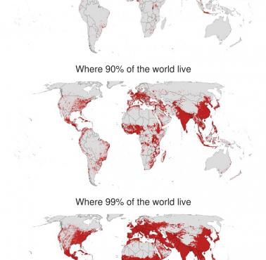 Najmniejszy obszar, na którym żyje 50%, 90% i 99% ludności świata