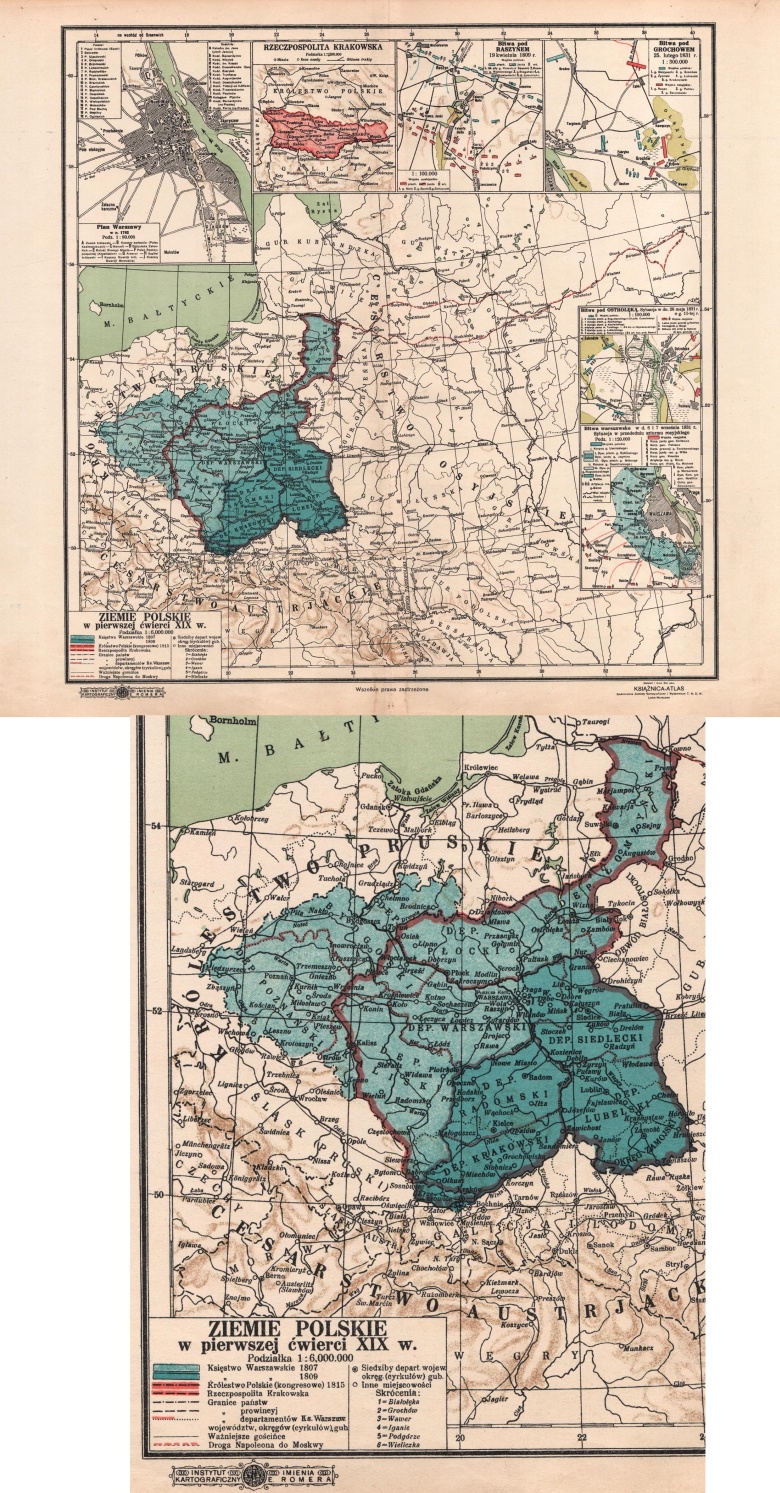 Księstwo Warszawskie (1807-15) i Królestwo Polskie po 1815 roku (mapa z lat 30. XX wieku)