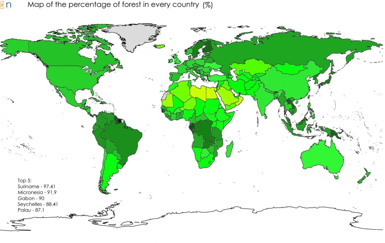 Mapa procentowego udziału lasów w każdym kraju
