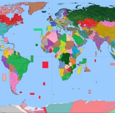 Kolorowa mapa świata z granicami pierwotnymi, drugorzędnymi i trzeciorzędnymi