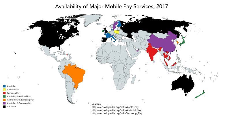 Dostępność najpopularniejszych opłat mobilnych w poszczególnych państwach świata, 2017