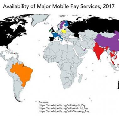 Dostępność najpopularniejszych opłat mobilnych w poszczególnych państwach świata, 2017