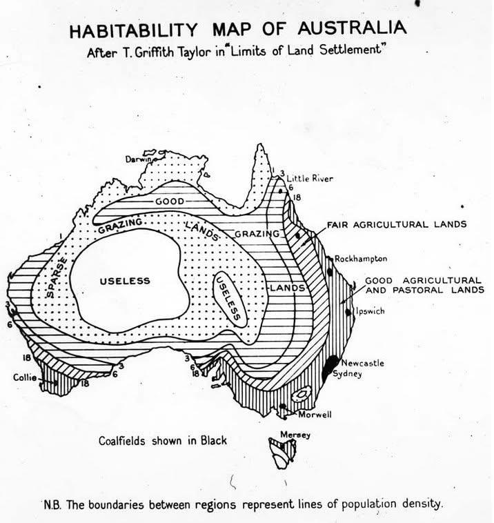Mapa Australii z 1946 r., na której zaznaczono „zdatność do zamieszkania” terenu