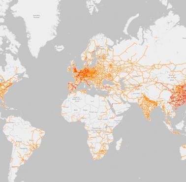 Sieć kolejowa na świecie (ciemnoczerwone oznaczają linie kolejowe dużych prędkości)