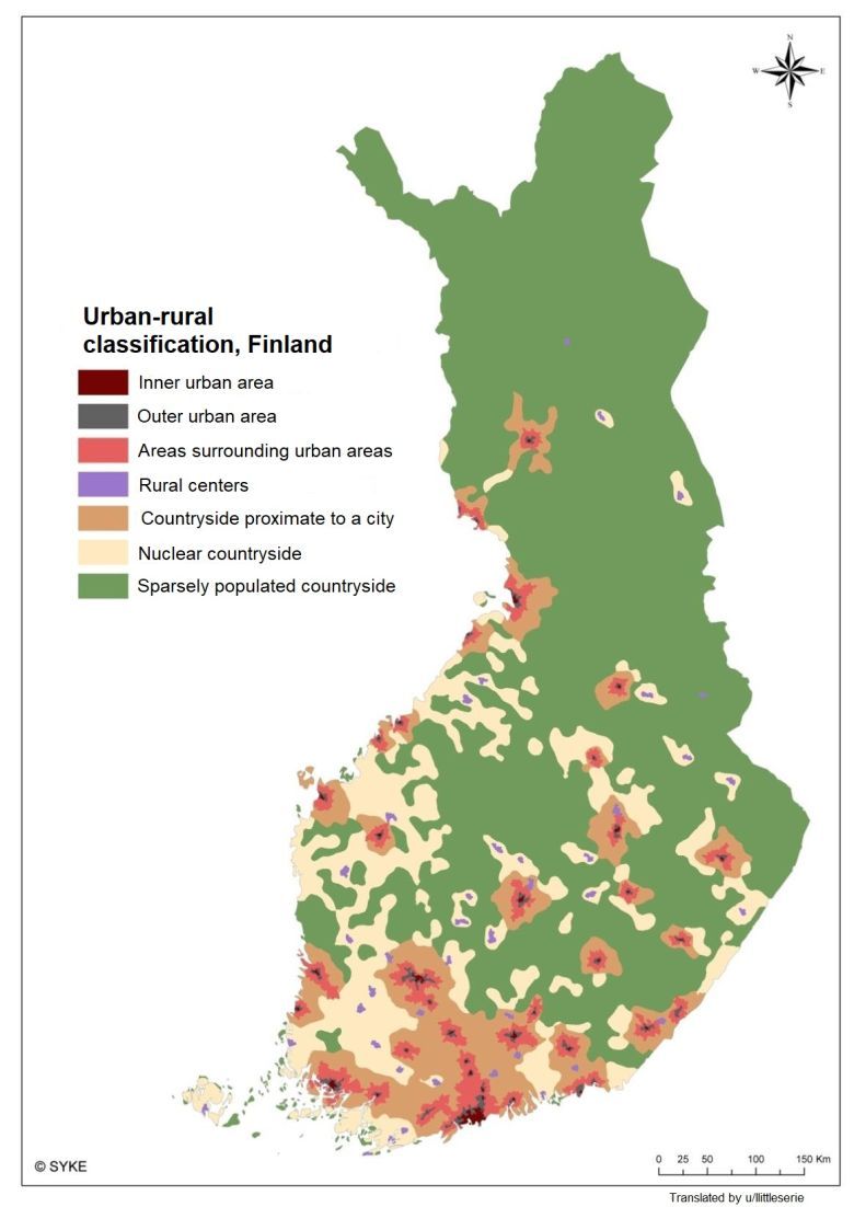 Obszary miejskie i wiejskie w Finlandii od 2013 roku