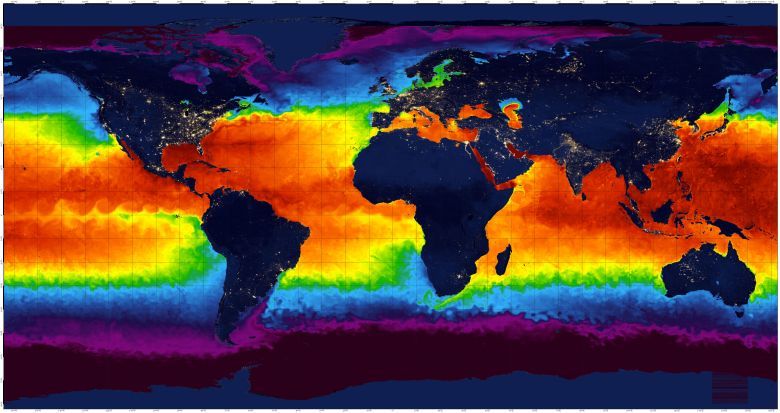 Letnia temperatura morza w poszczególnych regionach świata, dane NASA (mapa nocna)