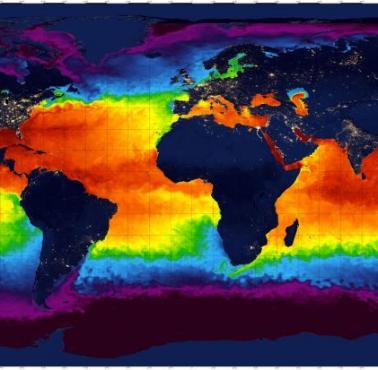 Letnia temperatura morza w poszczególnych regionach świata, dane NASA (mapa nocna)