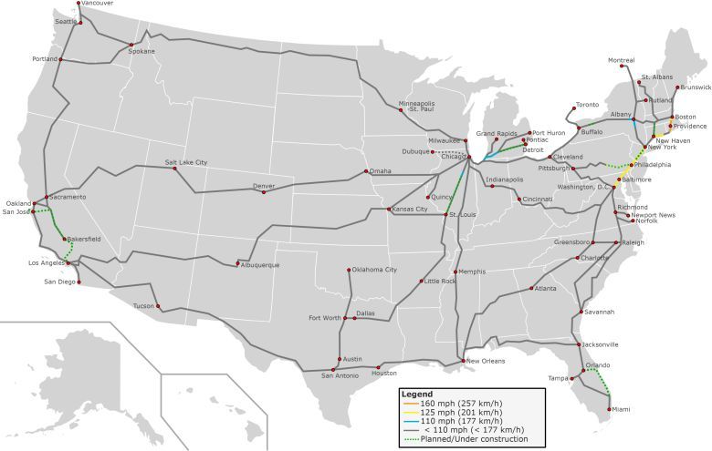 Mapa kolei dużych prędkości w USA