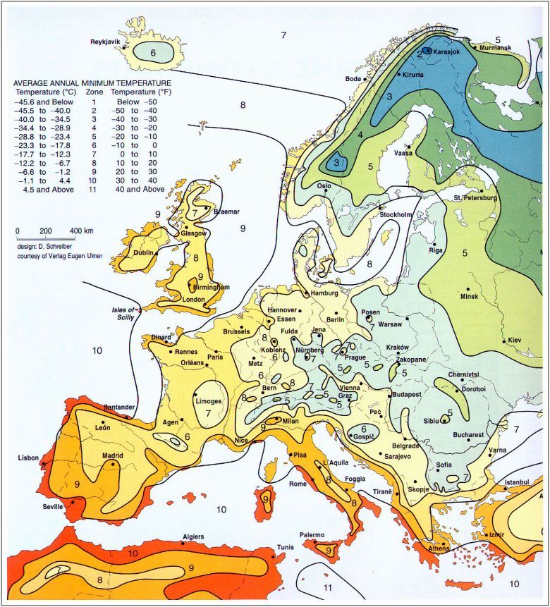 Średnia roczna najniższa temperatura w poszczególnych regionach Europy