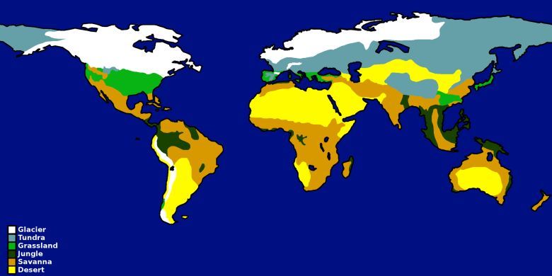 Mapa świata z ostatniej epoki lodowcowej ok. 20 tys. lat temu