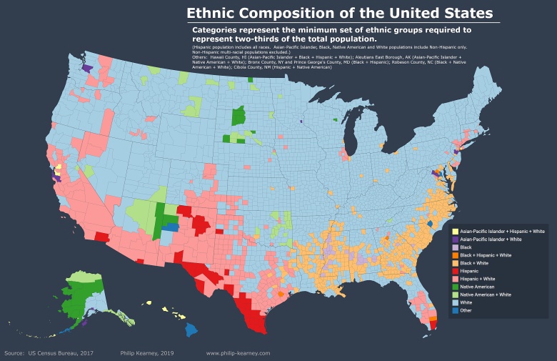 Etniczna mapa USA. Hrabstwa USA, w których mniejszości rasowe i etniczne stanowią większość populacji, 2017