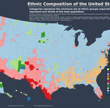 Etniczna mapa USA. Hrabstwa USA, w których mniejszości rasowe i etniczne stanowią większość populacji, 2017