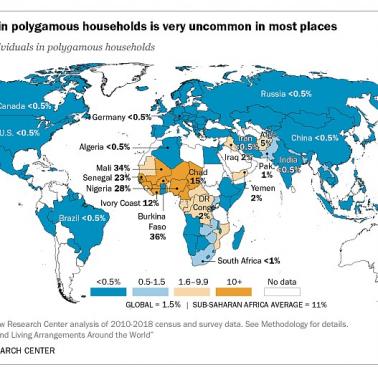 Legalność poligamii na świecie. Odsetek osób żyjących w poligamicznych gospodarstwach domowych.