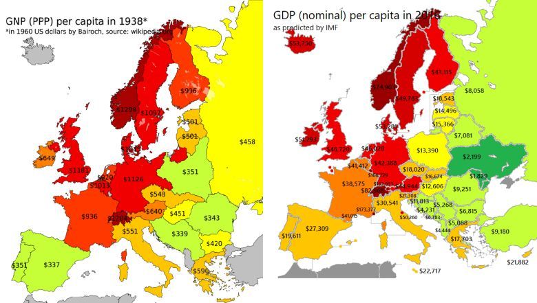 PKB poszczególnych państw europejskich w 1938 roku i w 2016 roku