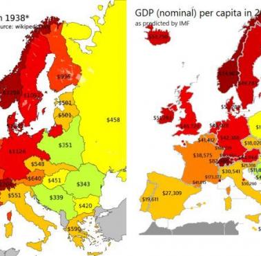 PKB poszczególnych państw europejskich w 1938 roku i w 2016 roku