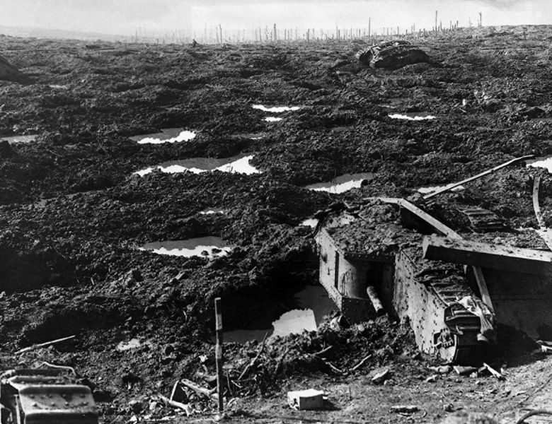 Widok na pole bitwy pod Passchendaele, I wojna światowa, Francja, 1917