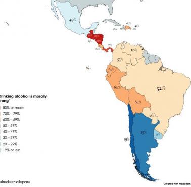 Odsetek osób w Ameryce Łacińskiej, które uważają picie alkoholu za "moralnie niewłaściwe"