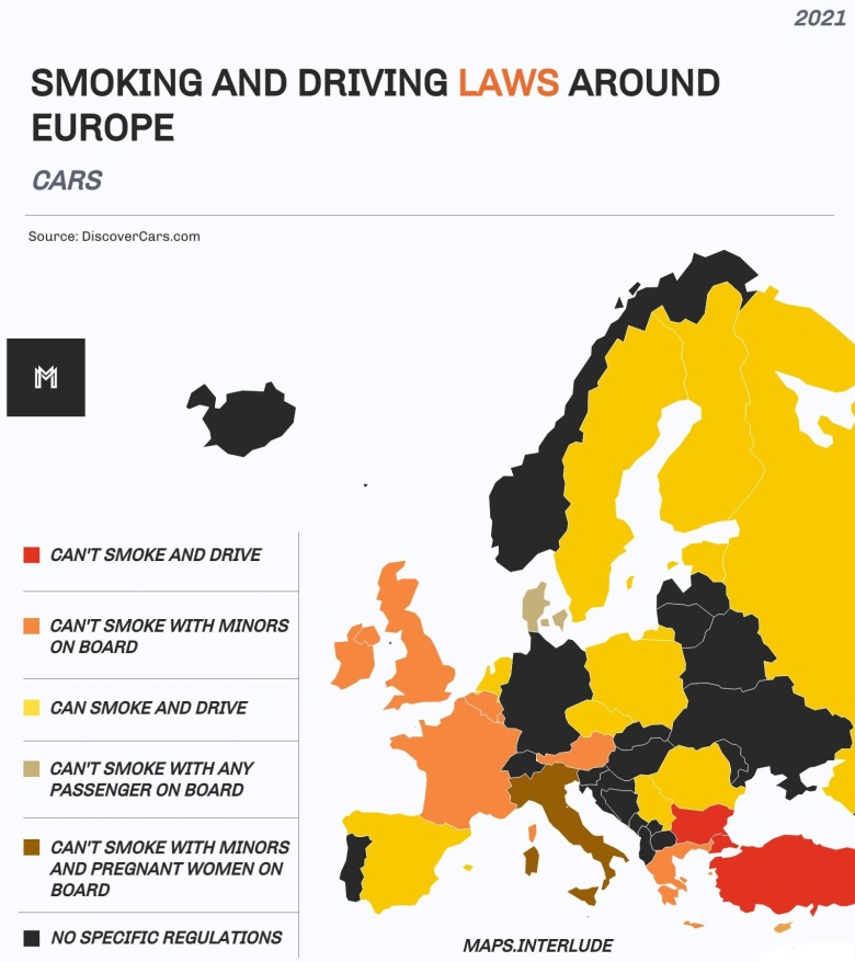 Przepisy dotyczące palenia i prowadzenia pojazdów w Europie (samochody), 2021