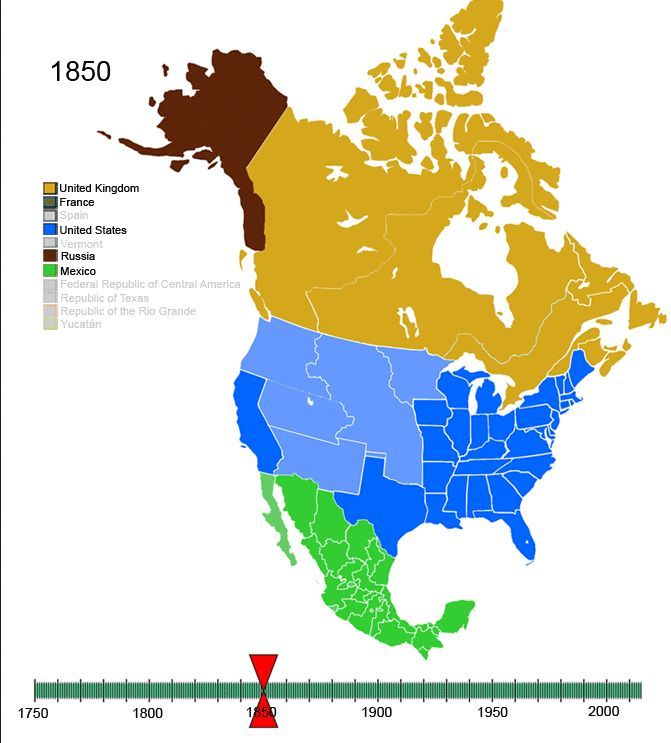 Zmiany terytorialne w Ameryce Północnej, od 1750 do współczesności (animacja)