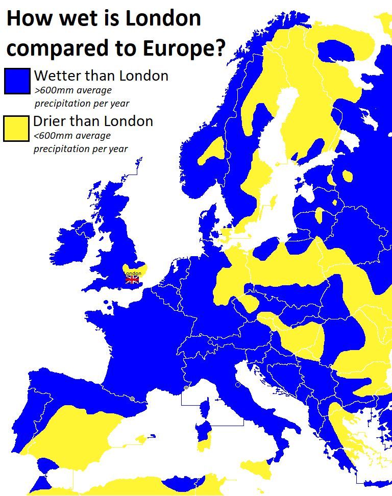 Jak wilgotny jest Londyn w porównaniu do innych obszarów Europy