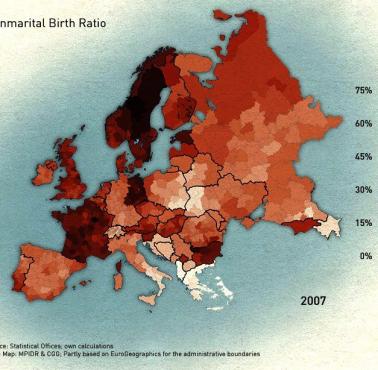 Procent dzieci urodzonych w związkach pozamałżeńskich w Europie, 2007