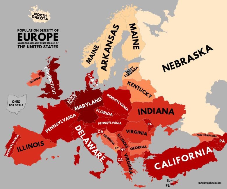Gęstość zaludnienia poszczególnych państw w Europie w przeliczeniu na amerykańskie stany