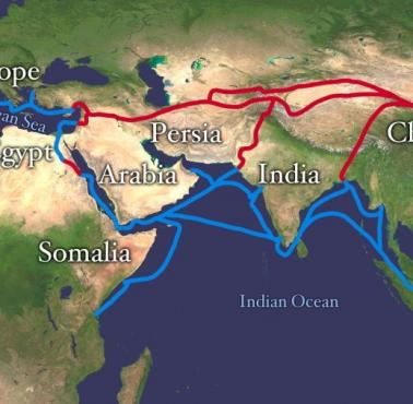 Główne szlaki handlowe świata, w tym również Jedwabny Szlak, w I wieku