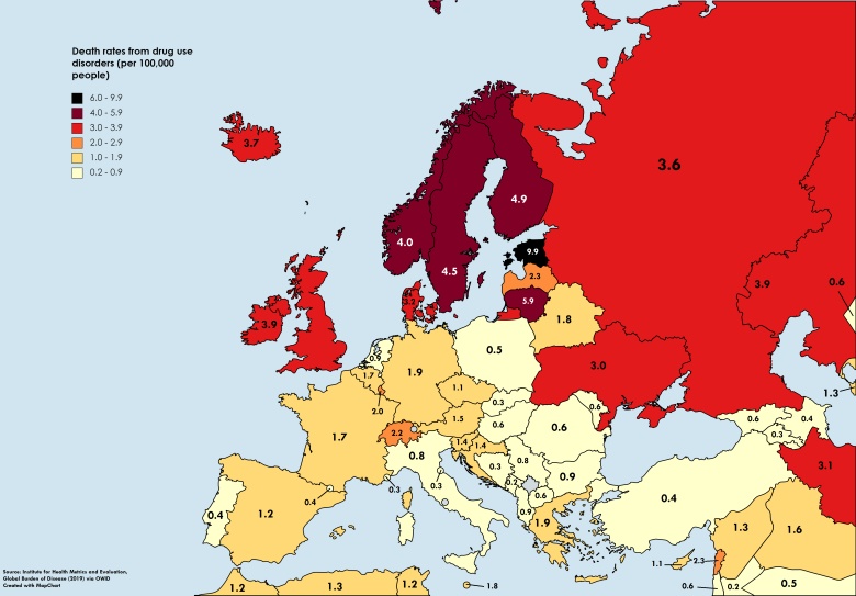 Wskaźniki śmiertelności z powodu przedawkowania narkotyków w Europie na 100 tys. mieszkańców, 2019