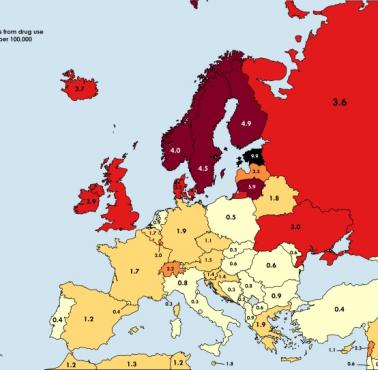 Wskaźniki śmiertelności z powodu przedawkowania narkotyków w Europie na 100 tys. mieszkańców, 2019